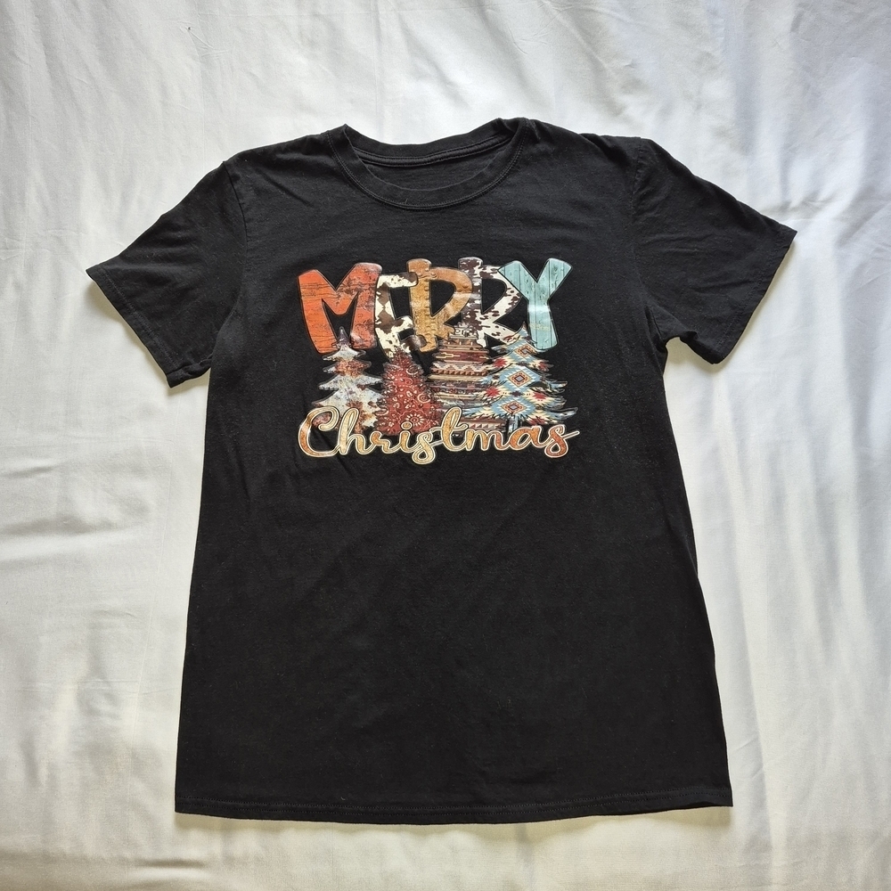 Black “Merry Christmas” Graphic Tee | Western Aztec Print | Fits M/L